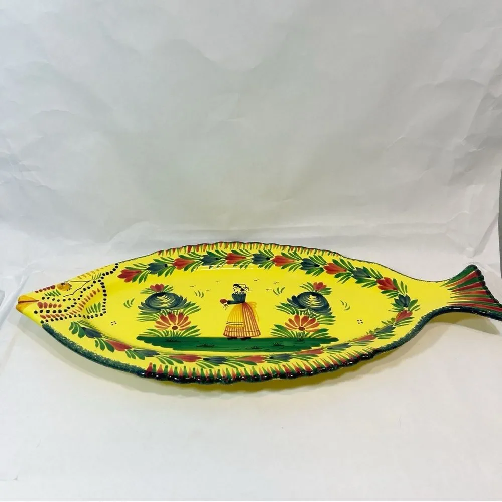 HB Henriot Quimper France Fish 19.25” Platter Yellow Soleil Pottery Femme Breton